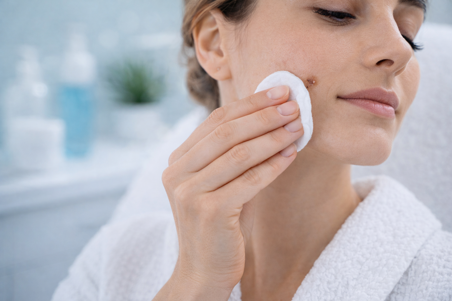 A close-up of a person's skin with a small mark, softly lit to show texture and detail.